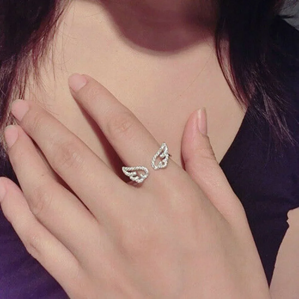 New 925 Silver White Sapphires Open Angel Wings Ring
